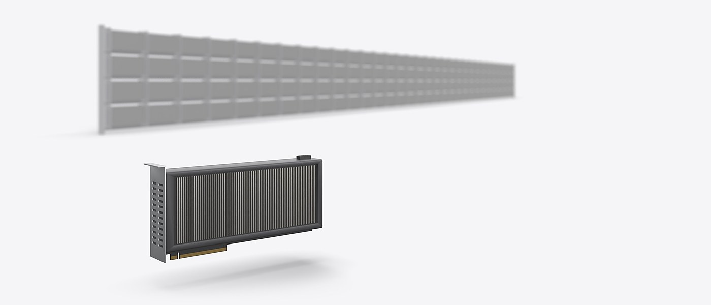 A single rack-mounted GPU rendered in front of a long receding wall of GPUs